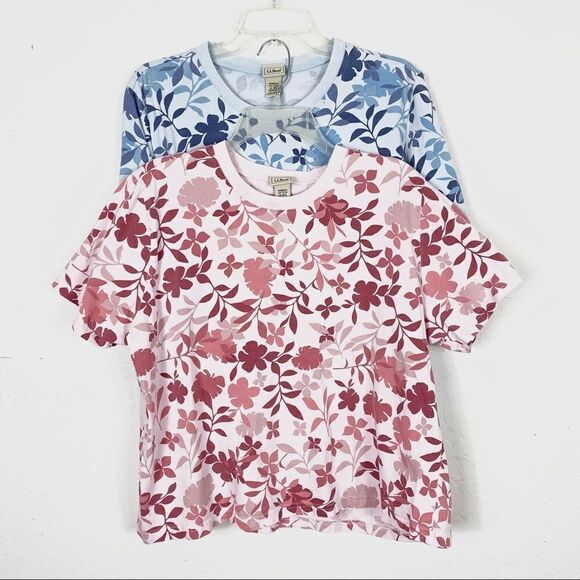 2 LL Bean Pink & Blue Floral Tshirts - Picture 1 of 7